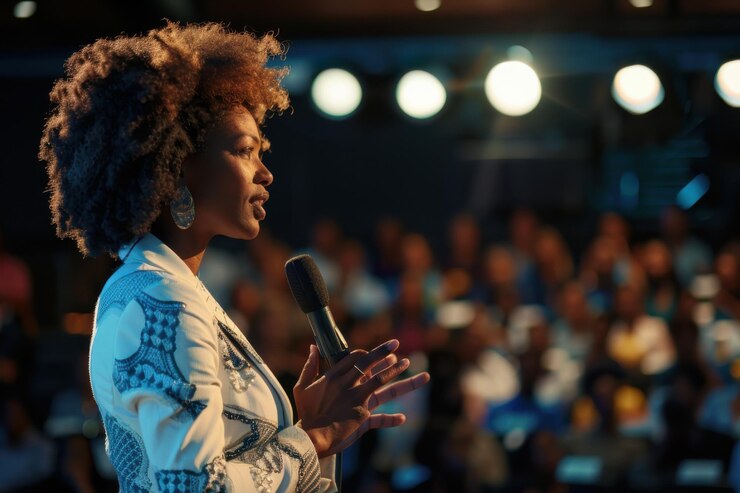 Mujer segura hablando en una conferencia involucrando a la audiencia con su presentación bajo iluminación profesional del escenario