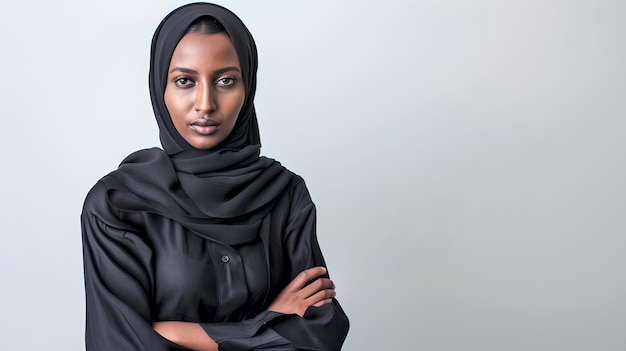 Mujer segura en el hijab tradicional posando con seguridad Retrato de estudio que muestra diversidad y empoderamiento Estilo de ropa culturalmente rico AI