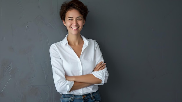 Mujer segura de sí misma con camisa blanca sonriendo contra un fondo gris Retrato de estilo casual y moderno Perfecto para temas de estilo de vida y negocios AI