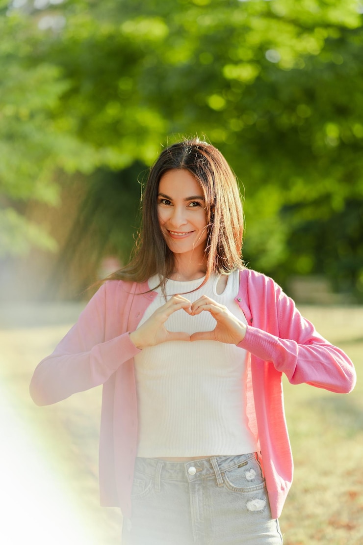Foto mujer segura de sí misma con sudadera rosa cogida de la mano en forma de corazón sonriendo cáncer de mama