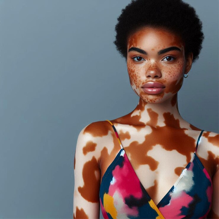 Mujer segura de sí misma con vitiligo posando