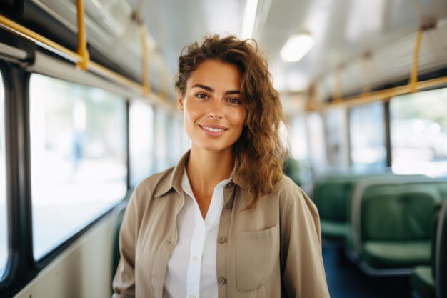 Mujer segura sonriendo en un autobús Concepto de viaje alegre