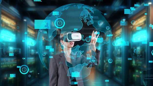 Mujer seleccionando con cambio datos dinámicos mundo dispersión monitor vr artilugio
