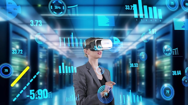 Mujer seleccionando dígito gráfico de dispersión de datos dinámicos del mercado por artefacto vr