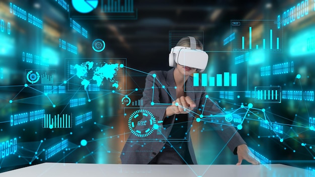 Mujer seleccionando monitor de gráfico de mercado por vr con sonido en el aparato del servidor