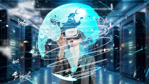 Mujer seleccionando mover datos girar el mundo análisis monitor servidor VR contrabando