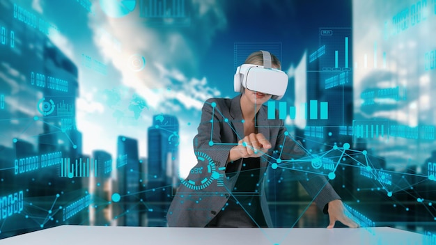 Mujer seleccionando negocio de análisis de mercado por edificio de sonido VR bg Contraption