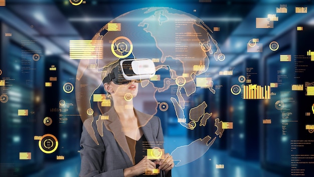 Mujer seleccionando por punto mercado mundial rotando por el dispositivo de servidor vr