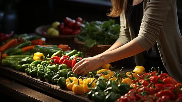 Mujer seleccionando verduras en un puesto del mercado con cestas de pimientos ai generativo