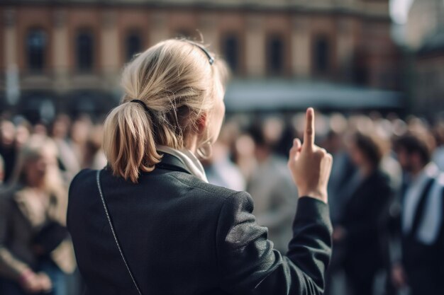 Una mujer señala el cielo frente a una multitud de personas.