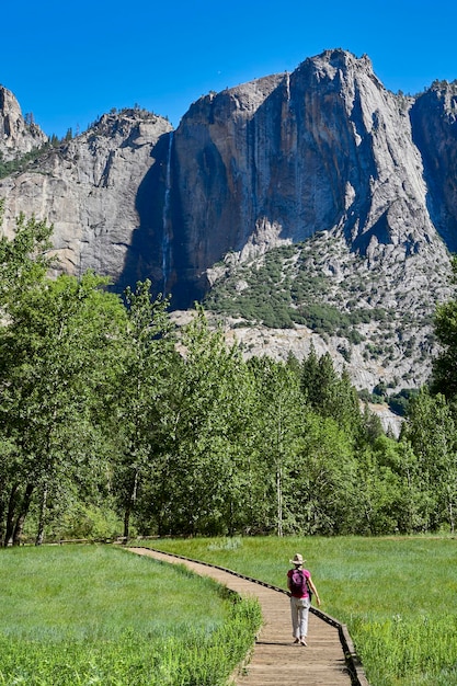 Mujer de senderismo en el Parque Nacional Yosemite, California, Estados Unidos. Foto vertical.