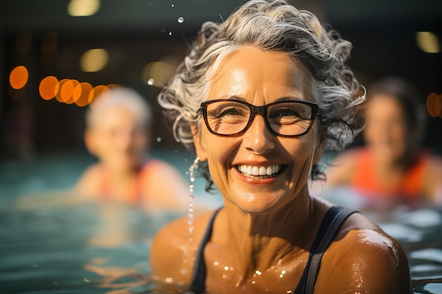 Mujer senior feliz con un grupo de amigos divirtiéndose en la piscina generada por AI