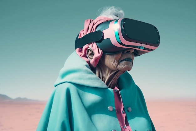 Mujer senior generativa ai usando gafas 3D vr