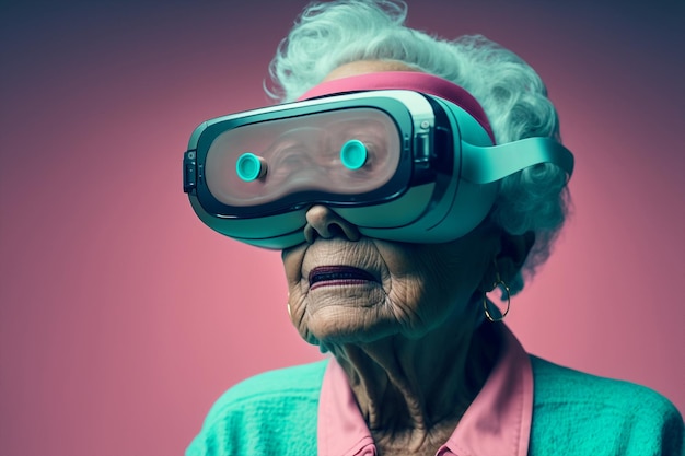 Mujer senior generativa ai usando gafas 3D vr