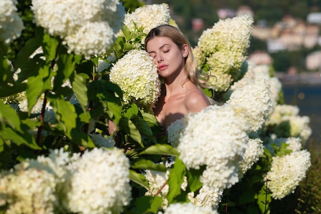 Mujer sensual en arbusto floreciente de flores de hortensia en el jardín de verano grandes arbustos de hortensias blancas flo