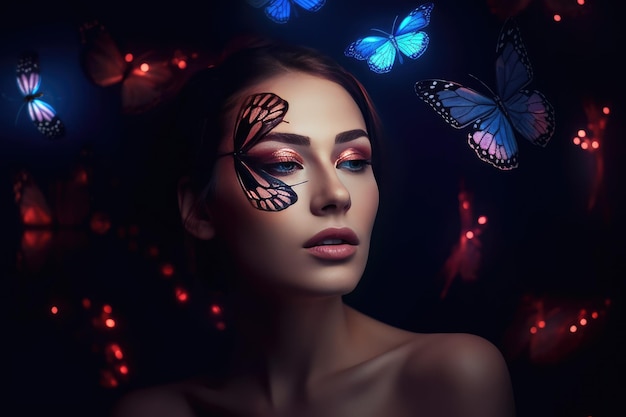 Mujer sensual con arte corporal y mariposas de colores ai generativo.