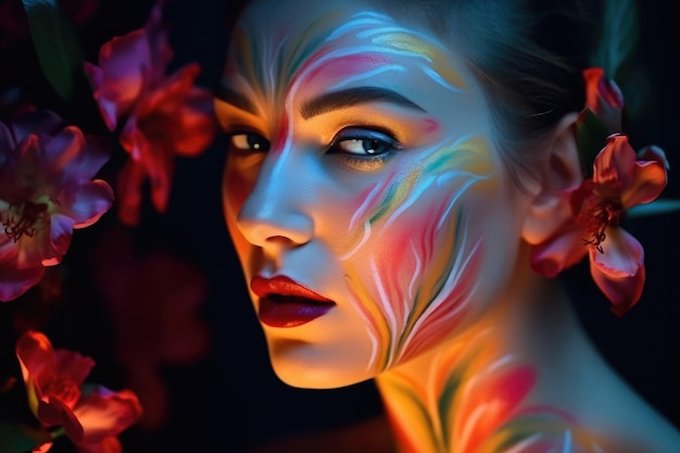 Mujer sensual con arte corporal y ojos y labios de colores flores ai generativo