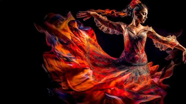 Mujer sensual bailando flamenco con un vestido rojo sobre fondo negro hecho con IA generativa