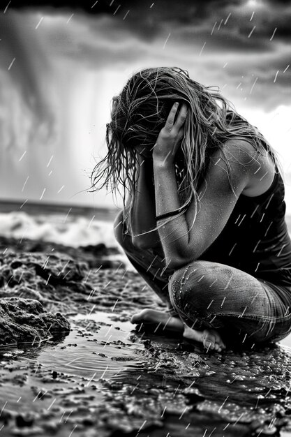 Foto una mujer está sentada en el agua con las manos en la cabeza