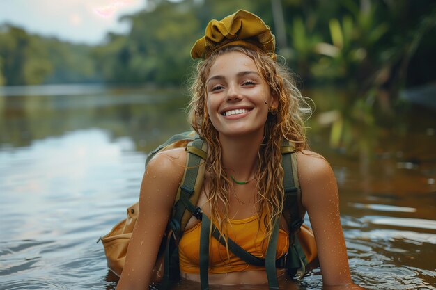 Mujer sentada en el agua con mochila