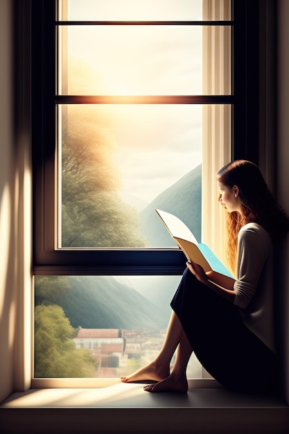 Mujer sentada en el alféizar de una ventana leyendo y pasando página Imaginación y fantasía