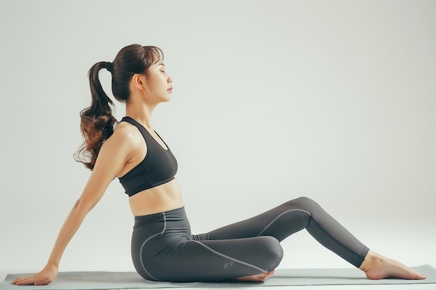 Una mujer sentada en una alfombra de yoga con las piernas cruzadas