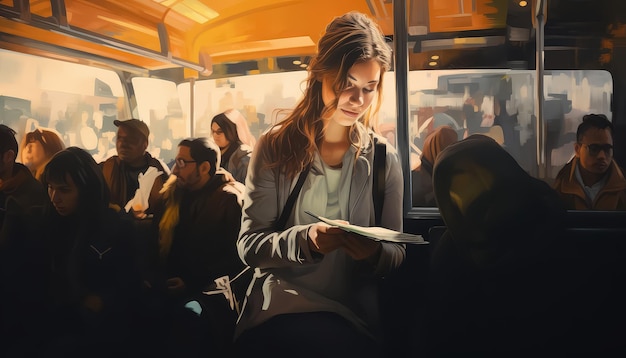 Foto una mujer está sentada en un autobús leyendo un libro