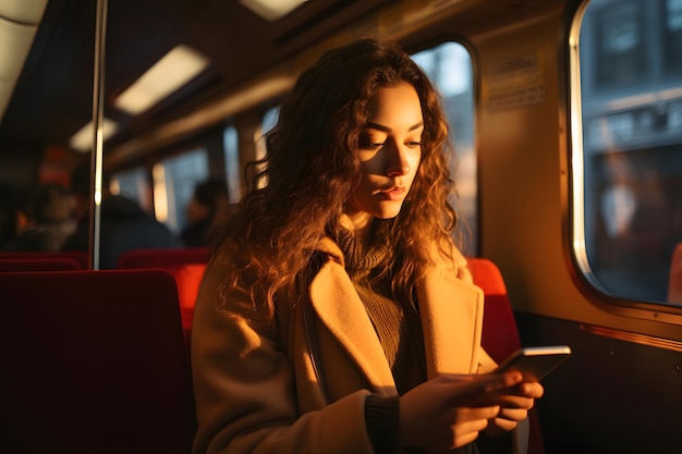 Mujer sentada en un autobús usando el teléfono móvil iluminado por una luz