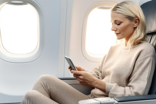 Mujer sentada en el avión y usando su teléfono inteligente