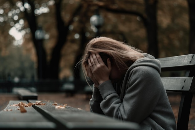 Mujer sentada en un banco con la cabeza hacia abajo y las manos cubriendo su rostro que parece estar en dolor emocional o duelo AI generativa