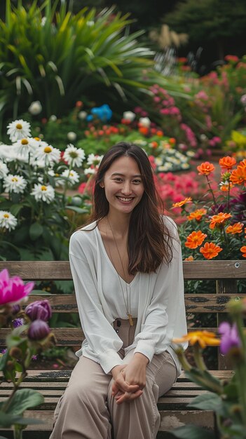 La mujer sentada en un banco en un jardín de flores