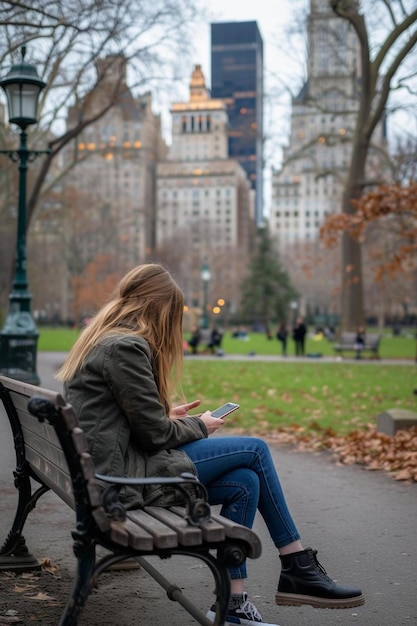 una mujer sentada en un banco del parque mirando su teléfono