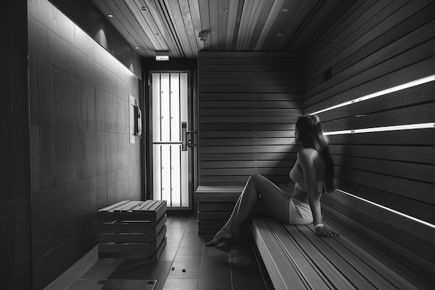 Una mujer sentada en un banco en una sauna