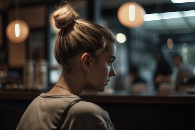 Una mujer sentada en un bar con el pelo recogido hacia atrás y de espaldas a la cámara.