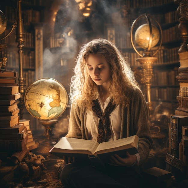 una mujer sentada en una biblioteca leyendo un libro