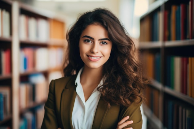 Una mujer sentada en la biblioteca parece feliz está estudiando y hay varios libros sobre la mesa.