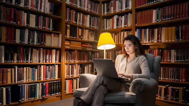 Mujer sentada en una biblioteca con su portátil