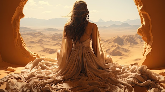 Mujer sentada boca arriba en una cueva observando el desierto