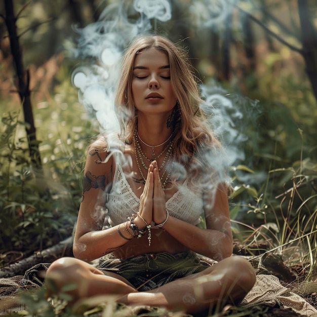 Mujer sentada en el bosque con una nube de humo en el cabello