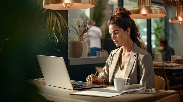 Una mujer sentada en un café y trabajando con documentos financieros