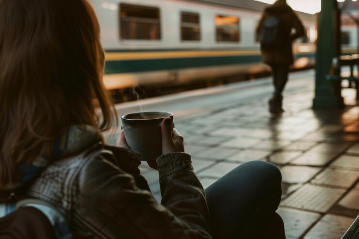 Mujer sentada con un café viendo a su compañero caminar hacia un tren