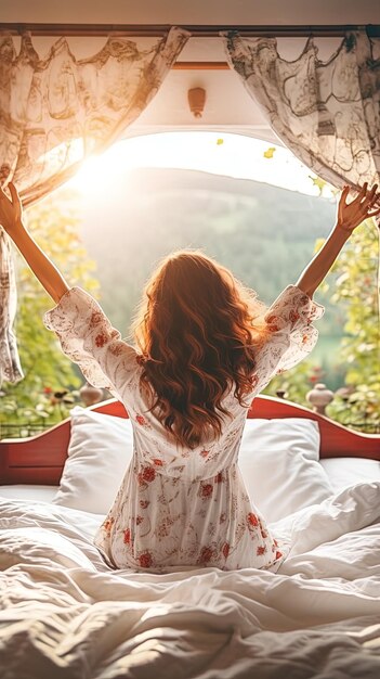 Foto una mujer está sentada en una cama con los brazos abiertos y el sol brilla a través de la ventana