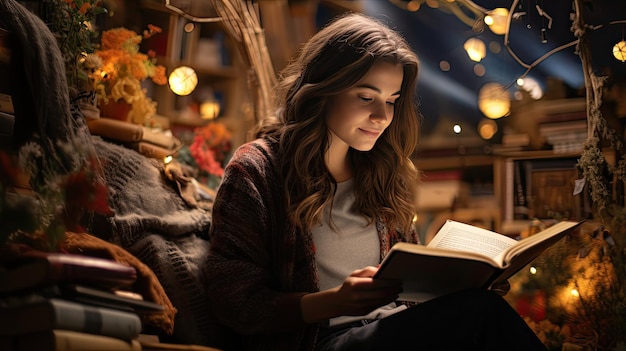 Foto mujer sentada en la cama leyendo un libro día de la madre