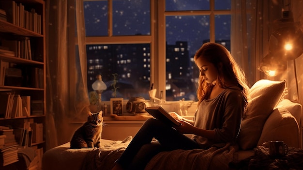 Una mujer sentada en una cama leyendo un libro con un gato en la ventana detrás de ella.