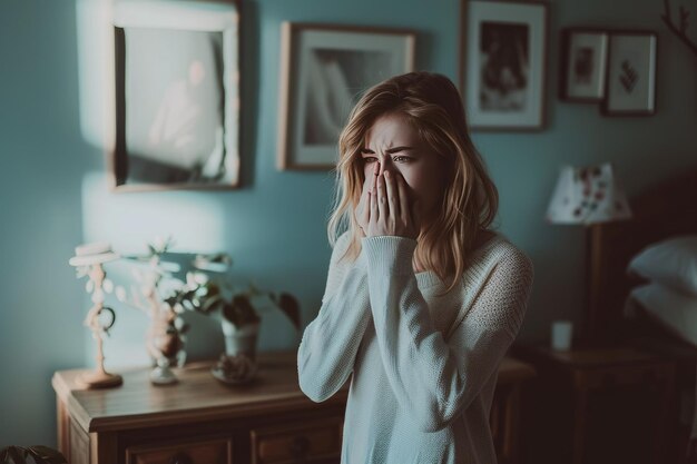 Foto una mujer está sentada en una cama con las manos en la cara