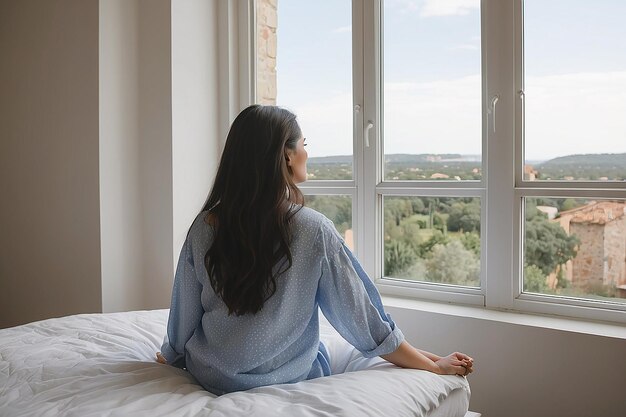 Foto una mujer sentada en la cama mirando por una ventana