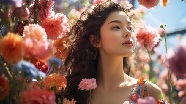 Mujer sentada en un campo de flores