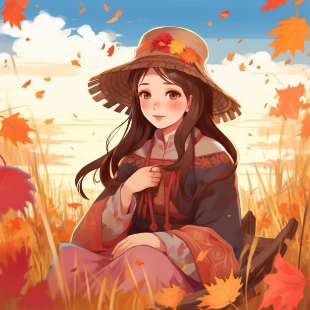 una mujer sentada en un campo con un sombrero en ai generativa