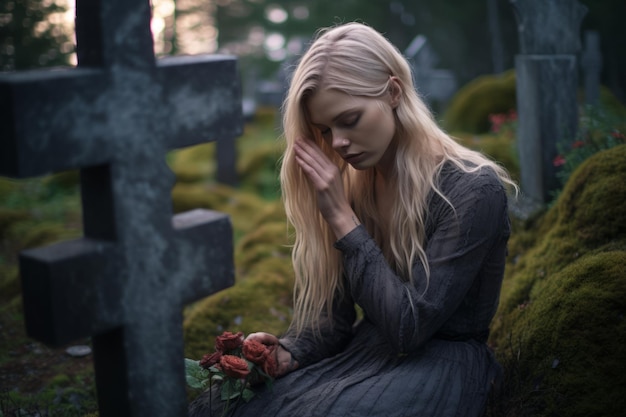 Foto una mujer sentada en un cementerio con una rosa en la mano