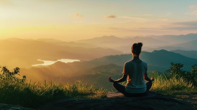 Una mujer sentada en la cima de una roca haciendo yoga